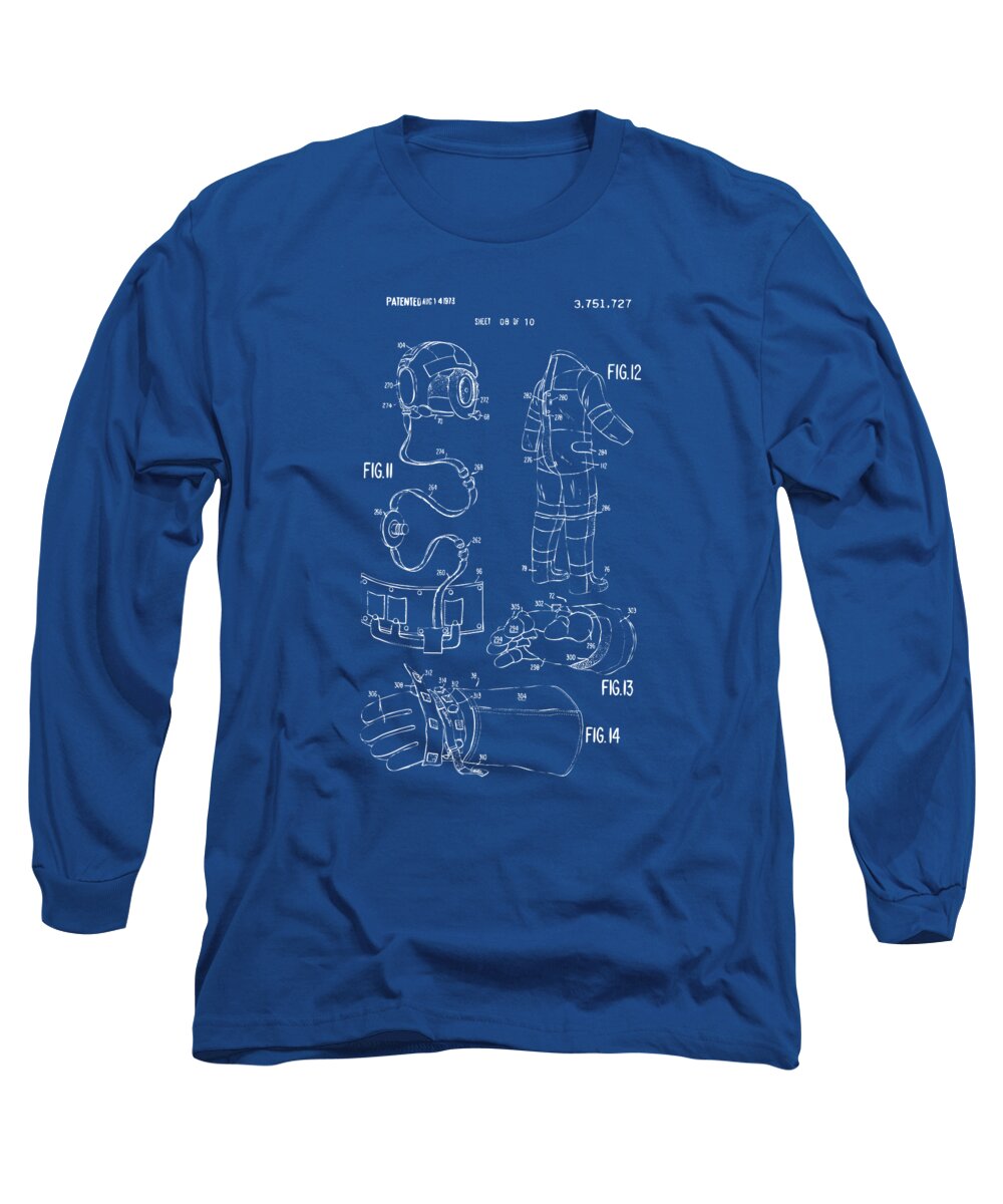 Space Suit Long Sleeve T-Shirt featuring the digital art 1973 Space Suit Elements Patent Artwork - Blueprint by Nikki Marie Smith