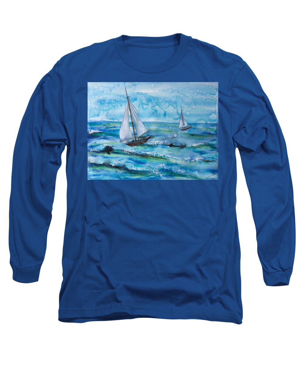 Boats Long Sleeve T-Shirt featuring the painting Silence #2 by Katerina Kovatcheva