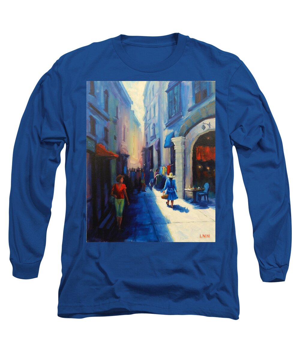 Townscape Long Sleeve T-Shirt featuring the painting A lady from Cajamarca in the City, Peru Impression by Ningning Li
