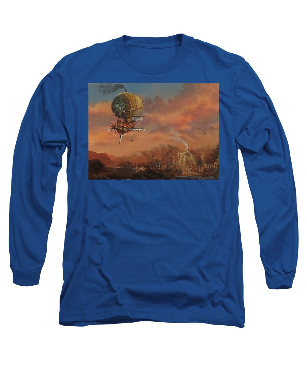 : Atlantis Long Sleeve T-Shirt featuring the painting Airship Over Atlantis Steampunk Series by Tom Shropshire