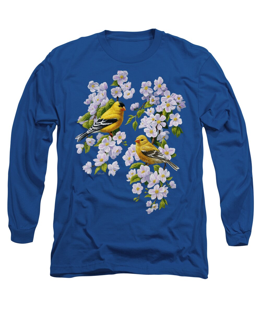 Bird Long Sleeve T-Shirt featuring the painting American Goldfinches and Apple Blossoms by Crista Forest