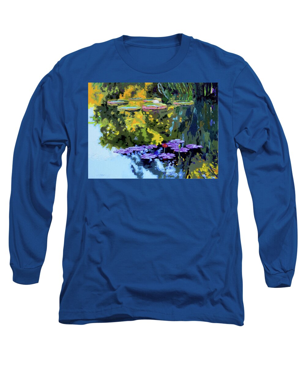Garden Pond Long Sleeve T-Shirt featuring the painting Autumn Reflections on the Pond by John Lautermilch