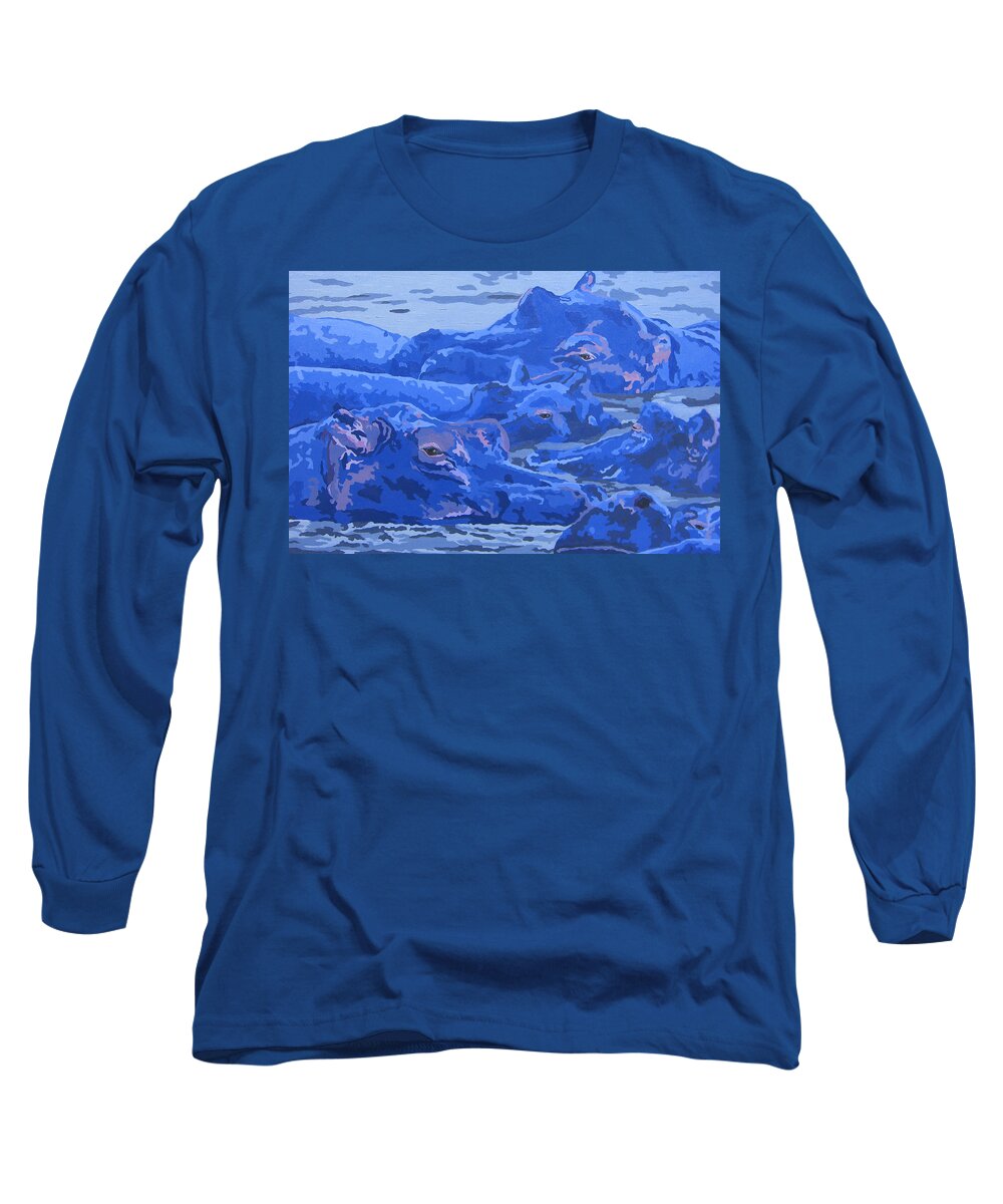 African Hippos Long Sleeve T-Shirt featuring the painting Bathing Beauties by Cheryl Bowman