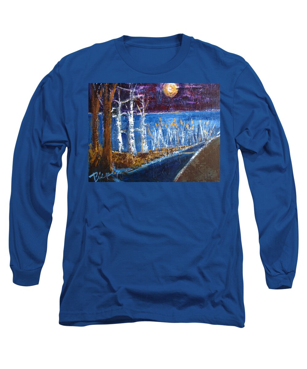 Night Scene Long Sleeve T-Shirt featuring the painting Beach Path at Night by Betty Pieper
