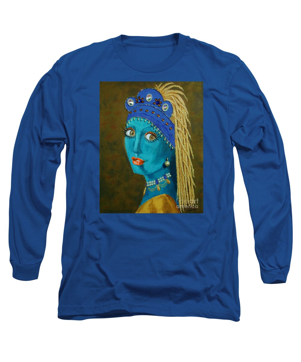 Vermeer Long Sleeve T-Shirt featuring the painting Belly Dancer with a Pearl Earring -- whimsical redo of Vermeer painting by Jayne Somogy