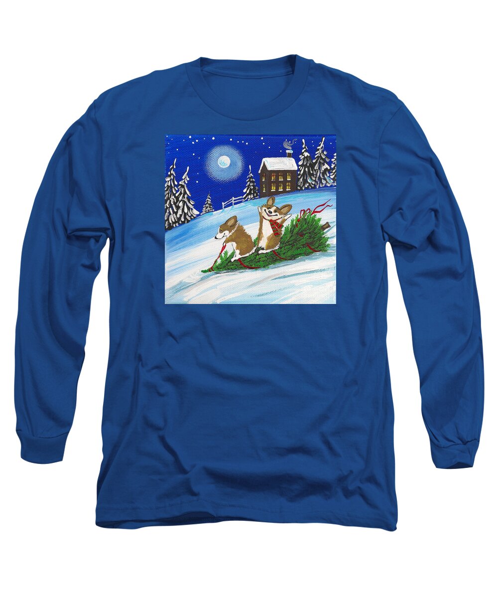 Print Long Sleeve T-Shirt featuring the painting Bennie and Bunny Christmas Tree Ride by Margaryta Yermolayeva