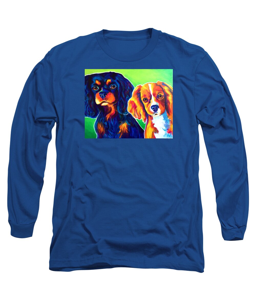 Cavalier King Charles Spaniel Long Sleeve T-Shirt featuring the painting Cavelier King Charles Spaniels - Saffy and Duck by Dawg Painter