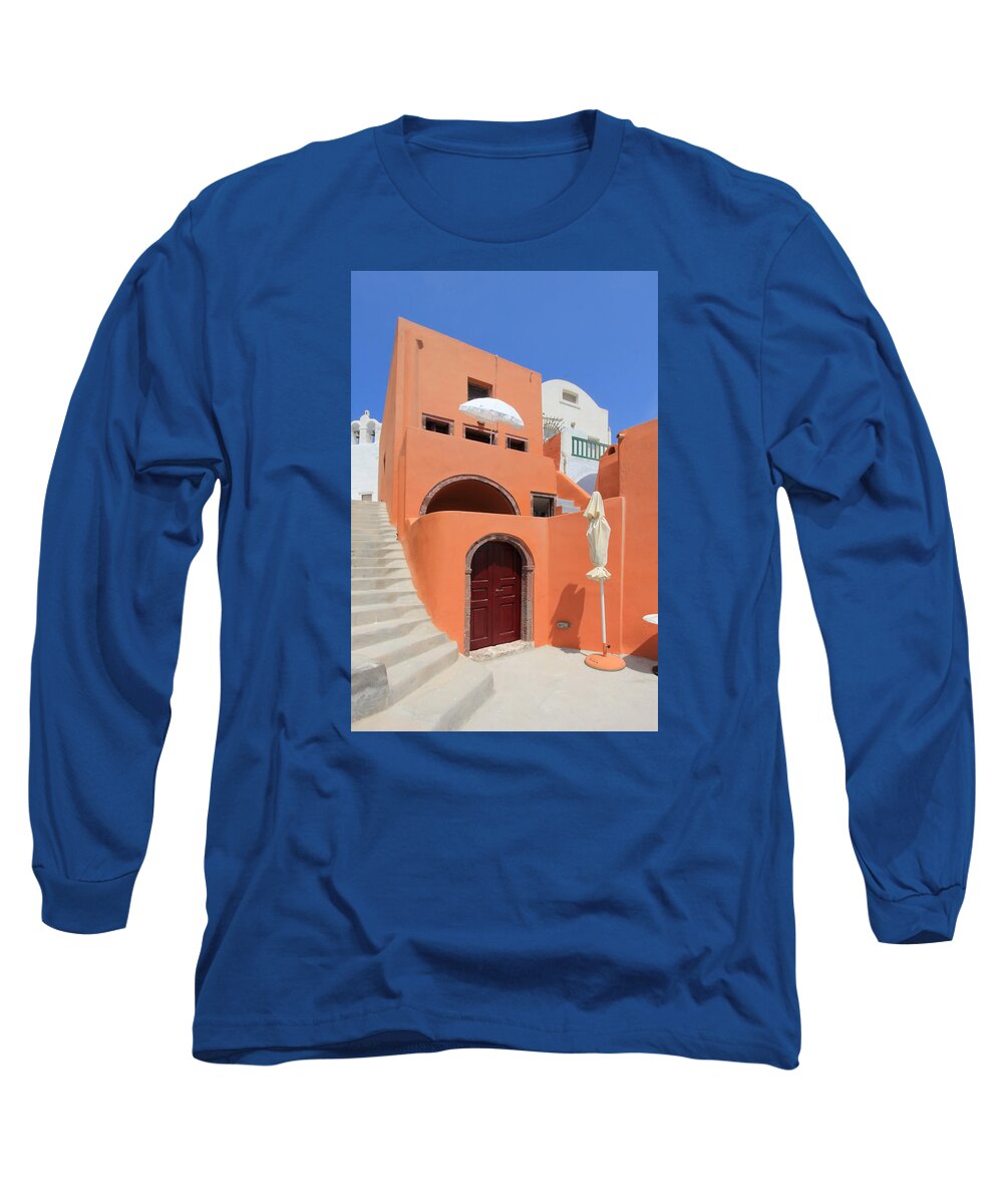Architecture Long Sleeve T-Shirt featuring the photograph Colorful house in Oia, Santorini, Greece by Elenarts - Elena Duvernay photo