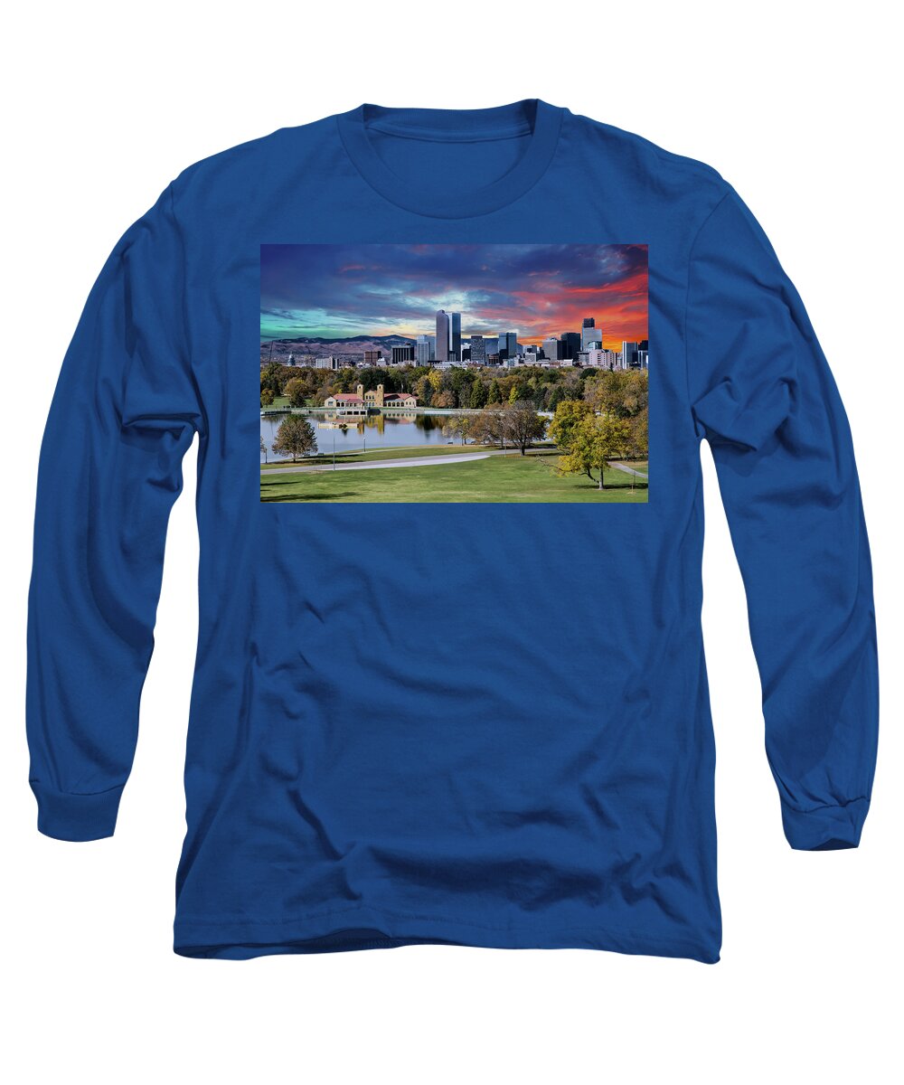 Denver Long Sleeve T-Shirt featuring the photograph Denver Skyline and Mountains Beyond Lake by Darryl Brooks