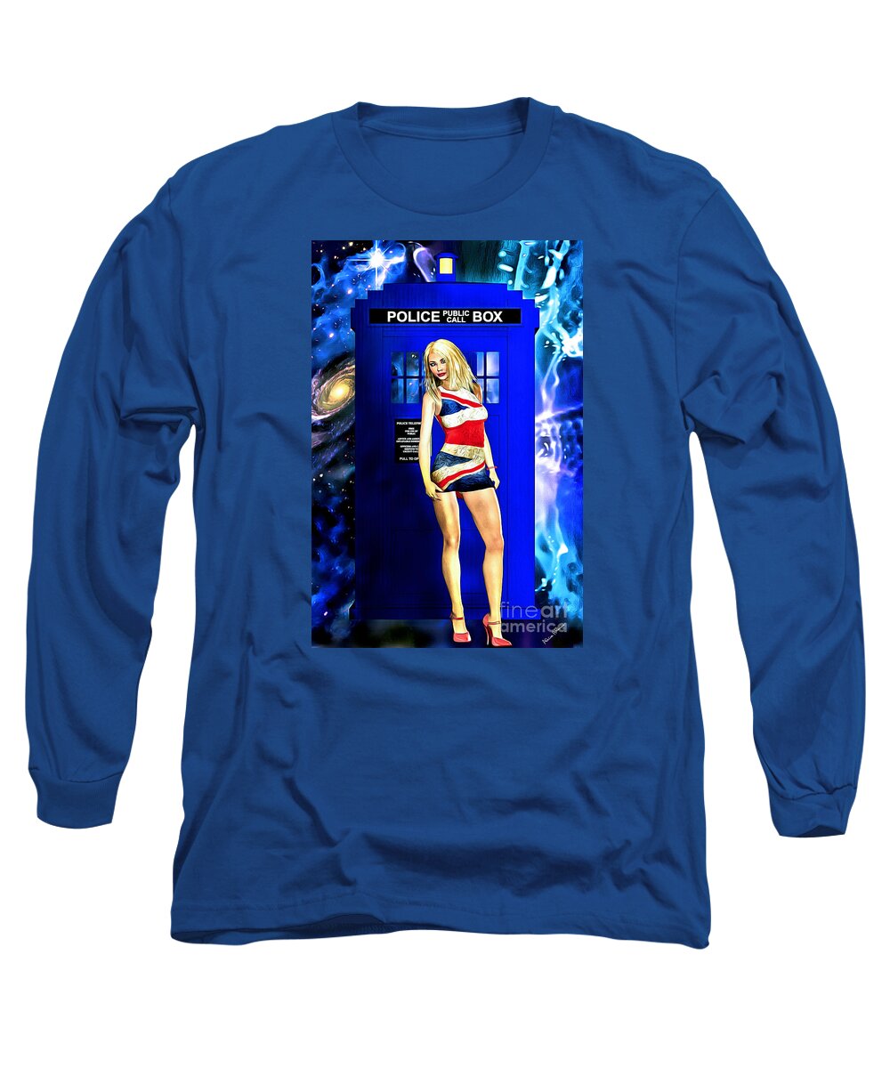 Dr. Who Long Sleeve T-Shirt featuring the mixed media Doctor Who - Tardis and Rose Tyler by Alicia Hollinger