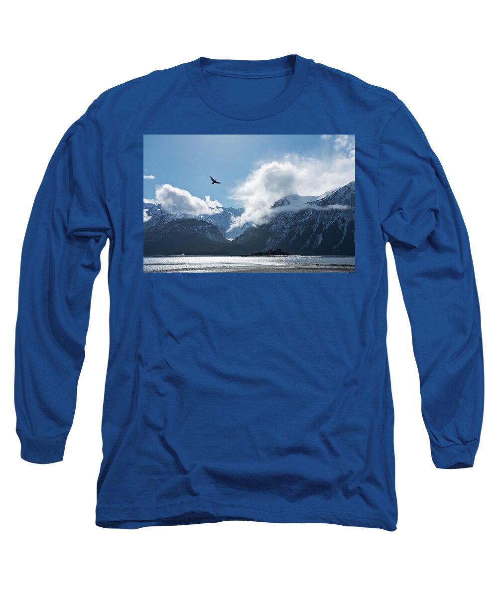 Alaska Long Sleeve T-Shirt featuring the photograph Eagle flying over the Chilkat Inlet by Michele Cornelius
