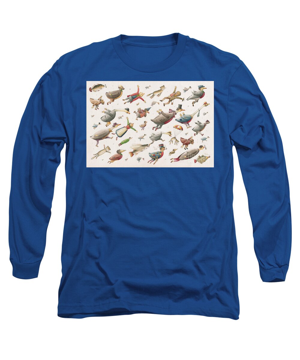 Sky Birds Flying Airplane Long Sleeve T-Shirt featuring the painting Flying by Kestutis Kasparavicius