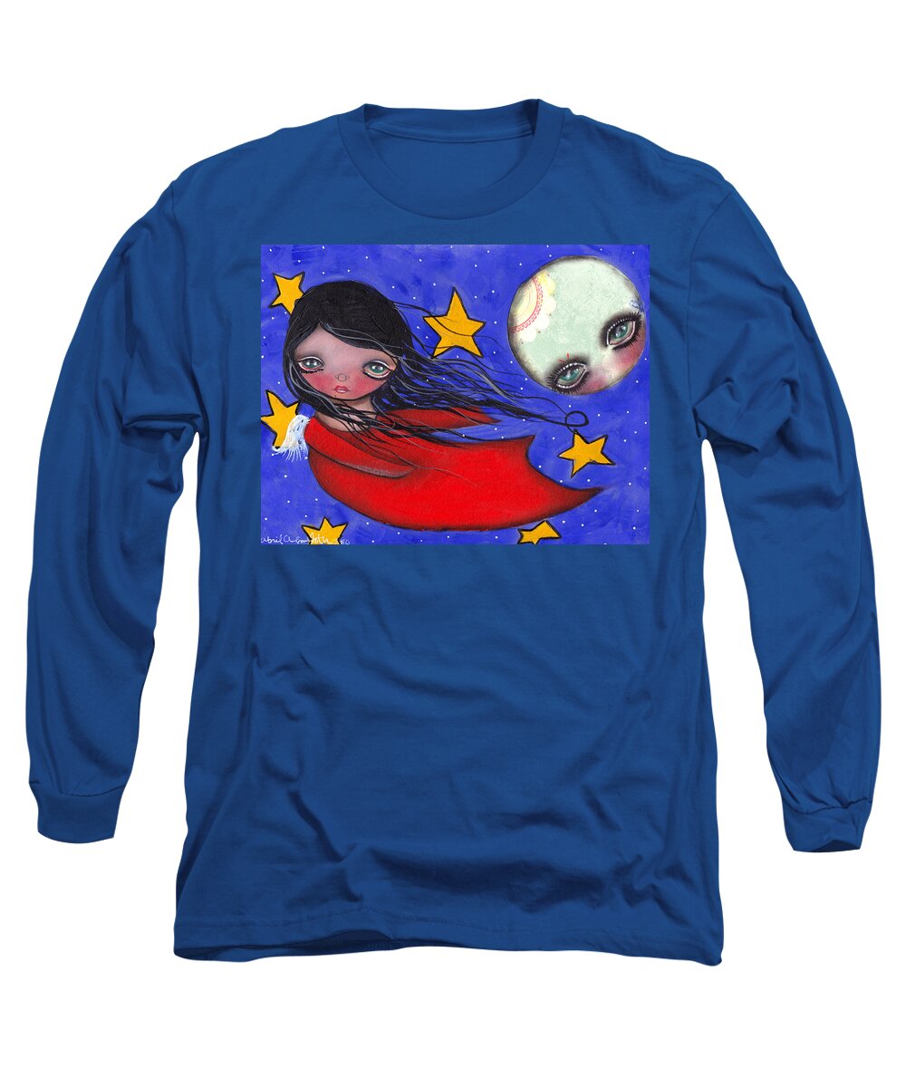 Angel Long Sleeve T-Shirt featuring the painting Flying with the Moon by Abril Andrade