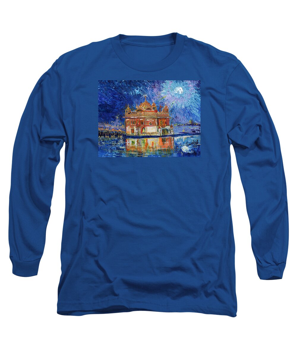 Golden Temple At Night Long Sleeve T-Shirt featuring the painting Golden Temple at night by Sarabjit Singh