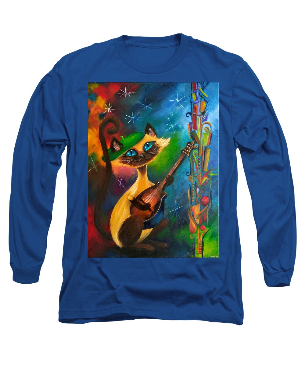 Siamese Cat Kitty Mid Century Modern Groovy Beret Mandolin Meow 60s Turquoise Eyes Atomic Starburst Framed Long Sleeve T-Shirt featuring the painting HepCat Meowndolin by Brenda Salamone