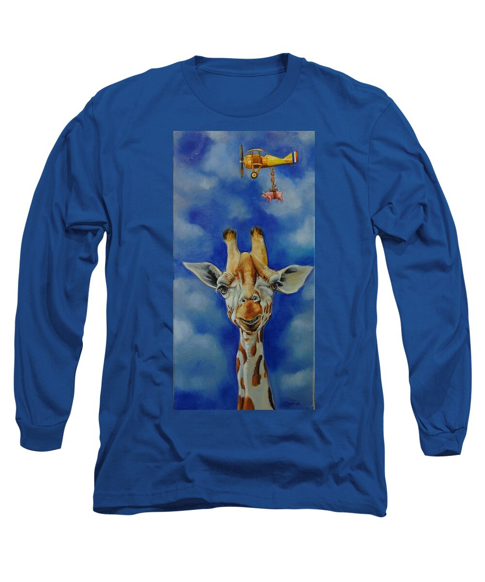 Giraffe Long Sleeve T-Shirt featuring the painting How's The Air Up There? by Jean Cormier