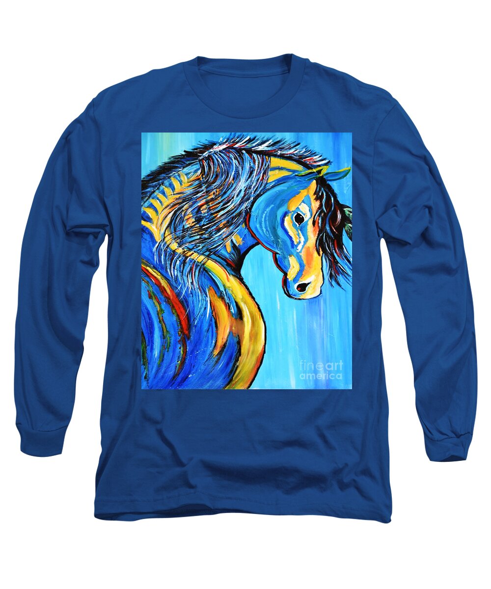 Horse Long Sleeve T-Shirt featuring the painting Indian Blue Horse by Kathleen Artist PRO