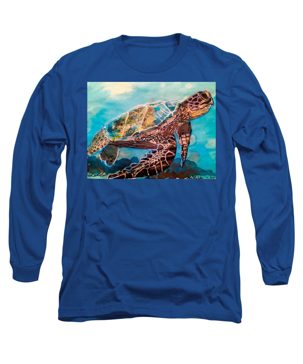 Sea Turtle Long Sleeve T-Shirt featuring the painting Koloa Landing Turtle by Dottie Visker