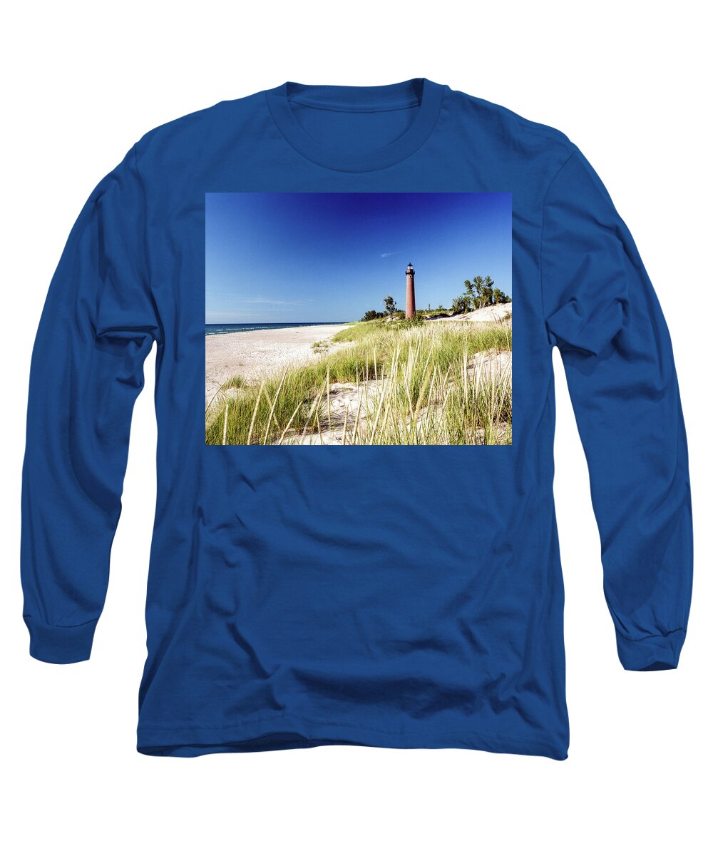 Beach Long Sleeve T-Shirt featuring the photograph Little Sable Light Station - Film Scan by Larry Carr
