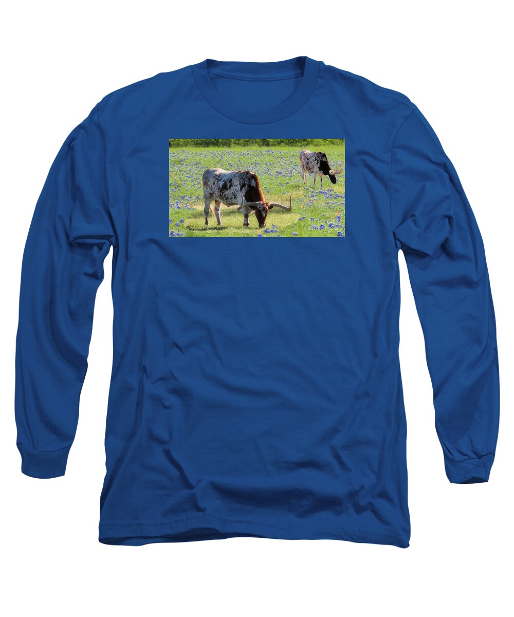 Bluebonnets Long Sleeve T-Shirt featuring the photograph Longhorns in the Bluebonnets by Janette Boyd