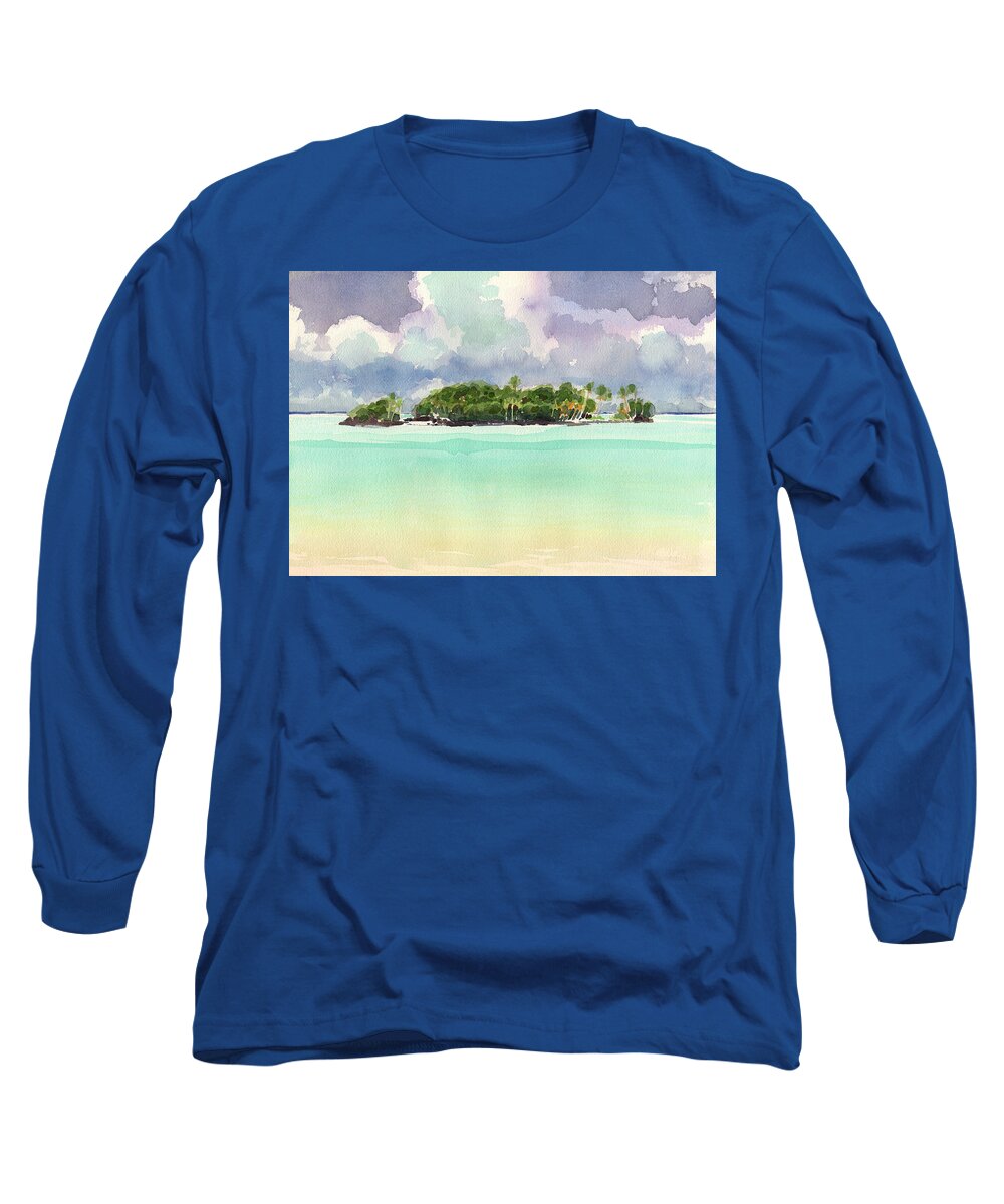 Landscape Long Sleeve T-Shirt featuring the painting Motu Rapota, Aitutaki, Cook Islands, South Pacific by Judith Kunzle