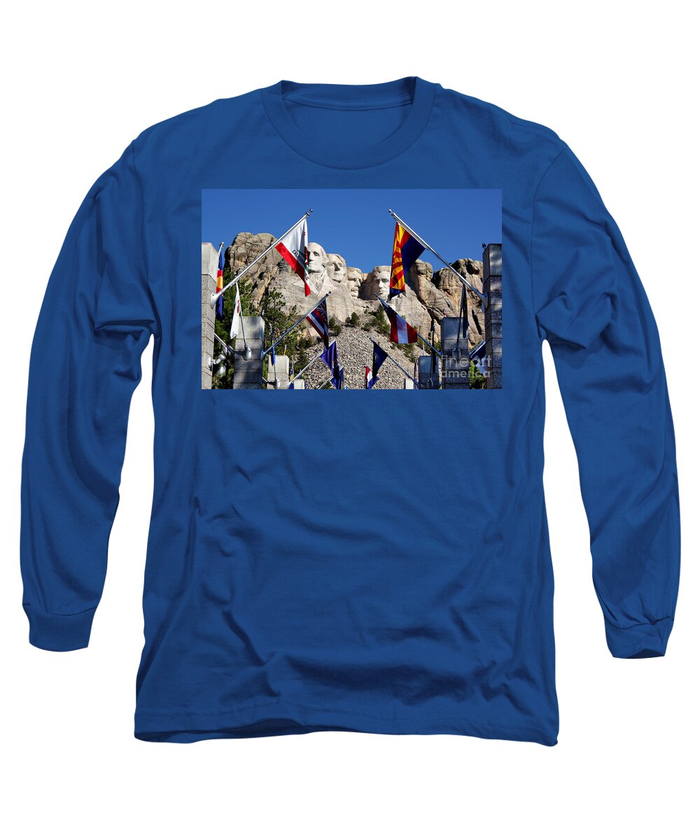 Mount Rushmore Long Sleeve T-Shirt featuring the photograph Mount Rushmore and Flags by Teresa Zieba