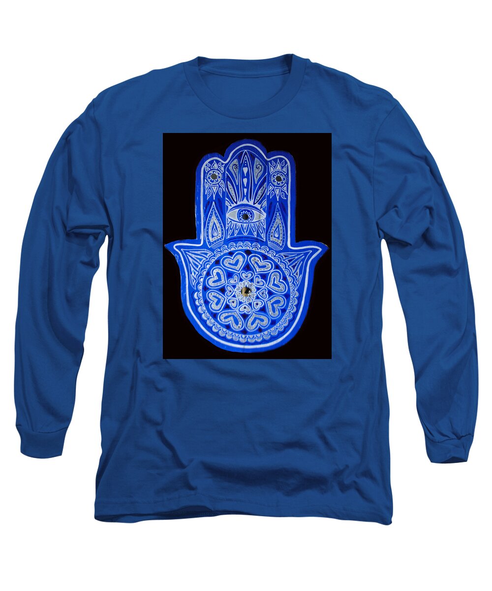 Blue Hamsa Long Sleeve T-Shirt featuring the painting My Blue Hamsa by Patricia Arroyo