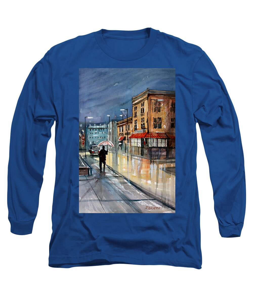Street Scene Long Sleeve T-Shirt featuring the painting Night Lights by Ryan Radke