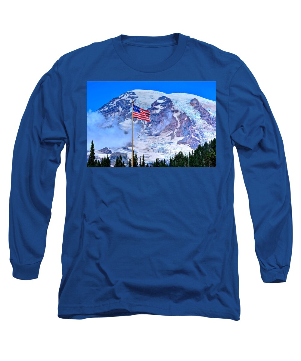 Mt. Rainier National Park Long Sleeve T-Shirt featuring the photograph Old Glory at Mt. Rainier by Don Mercer
