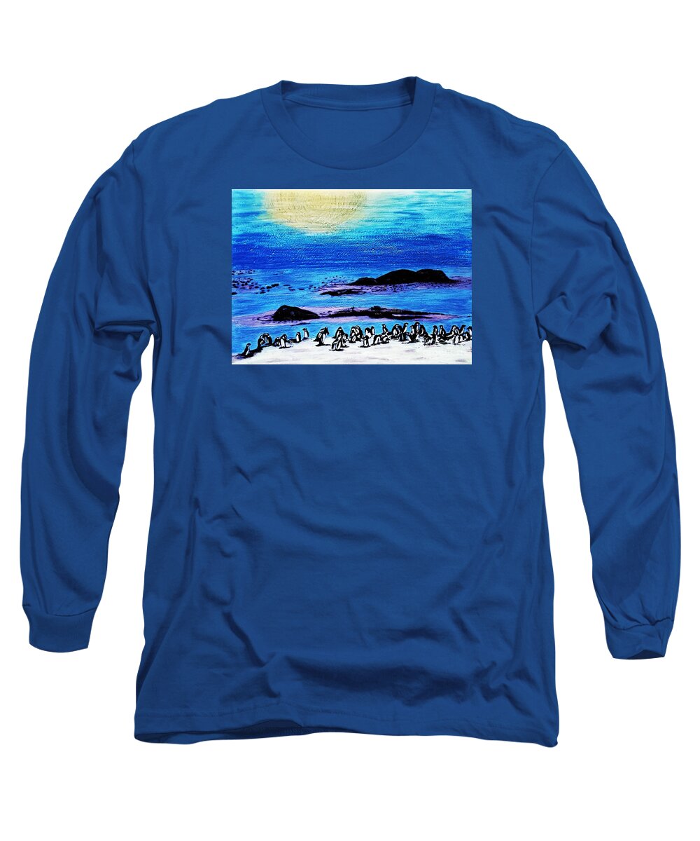 Penguins Long Sleeve T-Shirt featuring the painting Penguins Land by Jasna Gopic