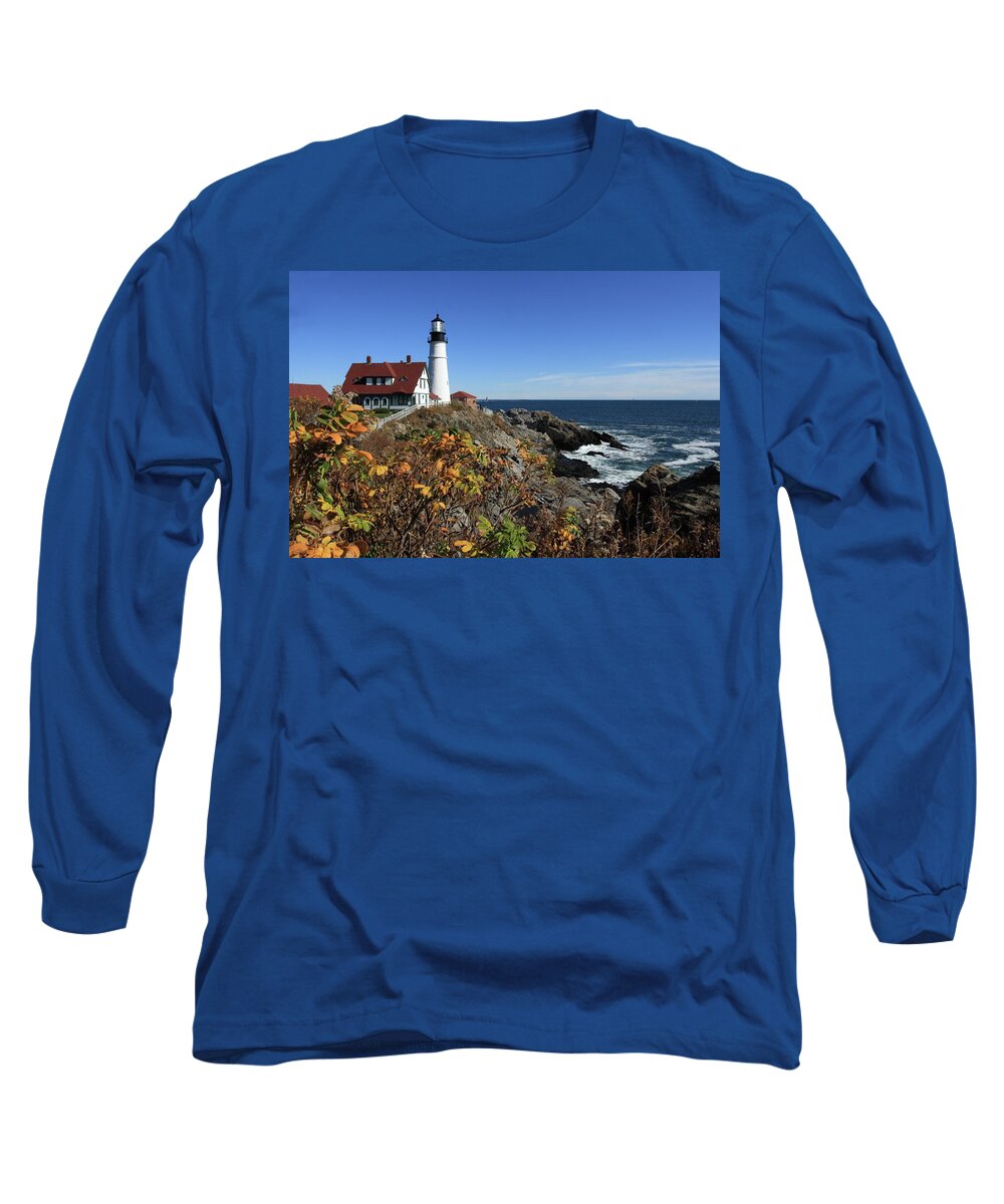 Autumn Long Sleeve T-Shirt featuring the photograph Portland Head Lighthouse in the Fall by Lou Ford