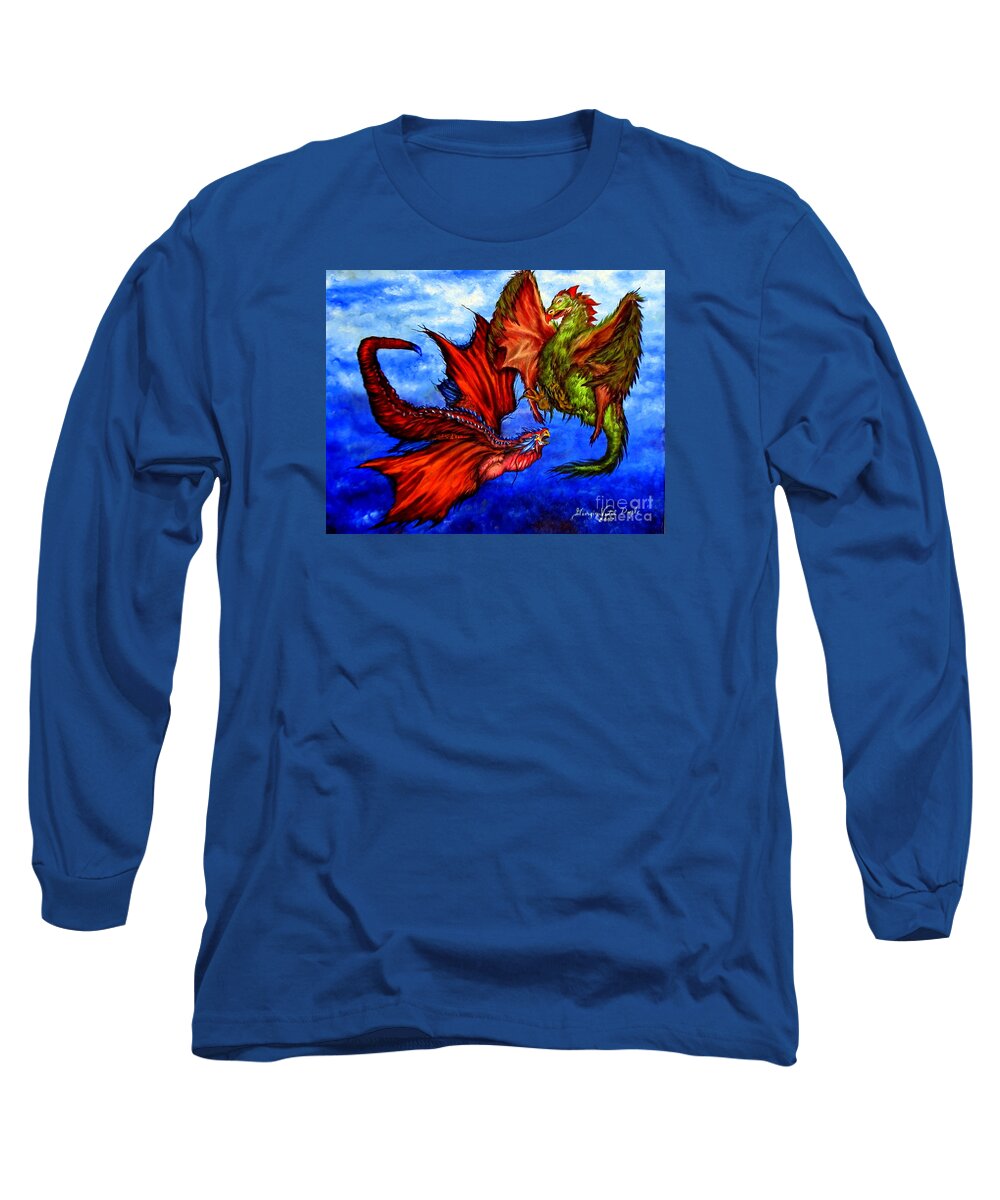 Dragons Long Sleeve T-Shirt featuring the painting PreHistoric Fighting Fowl by Georgia Doyle