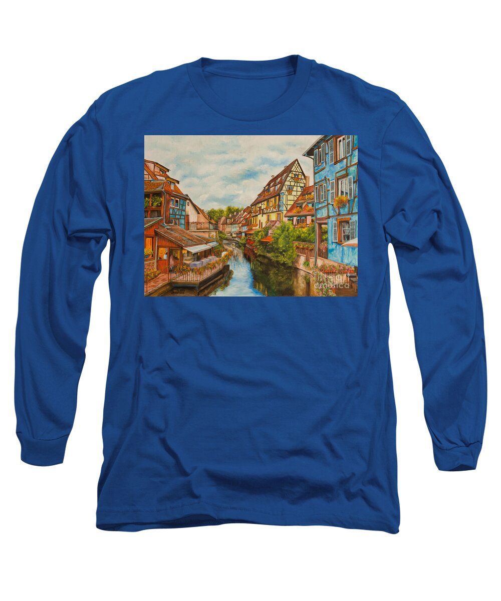 Colmar France Paris Long Sleeve T-Shirt featuring the painting Reflections of Colmar by Charlotte Blanchard
