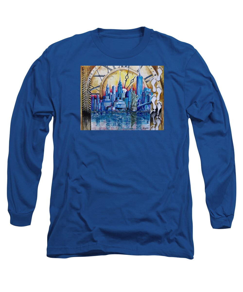  New York Long Sleeve T-Shirt featuring the painting Rush Hour In New York by Geni Gorani