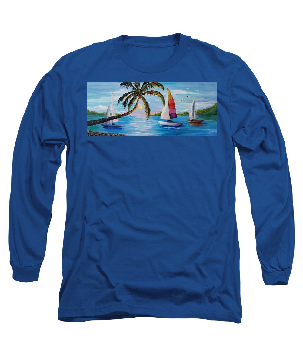 Palm Trees Long Sleeve T-Shirt featuring the painting Sailing at Sunset by Rosie Sherman