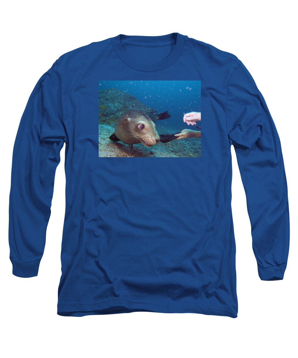 Underwater Long Sleeve T-Shirt featuring the photograph Shaking hands and fins by Matt Swinden
