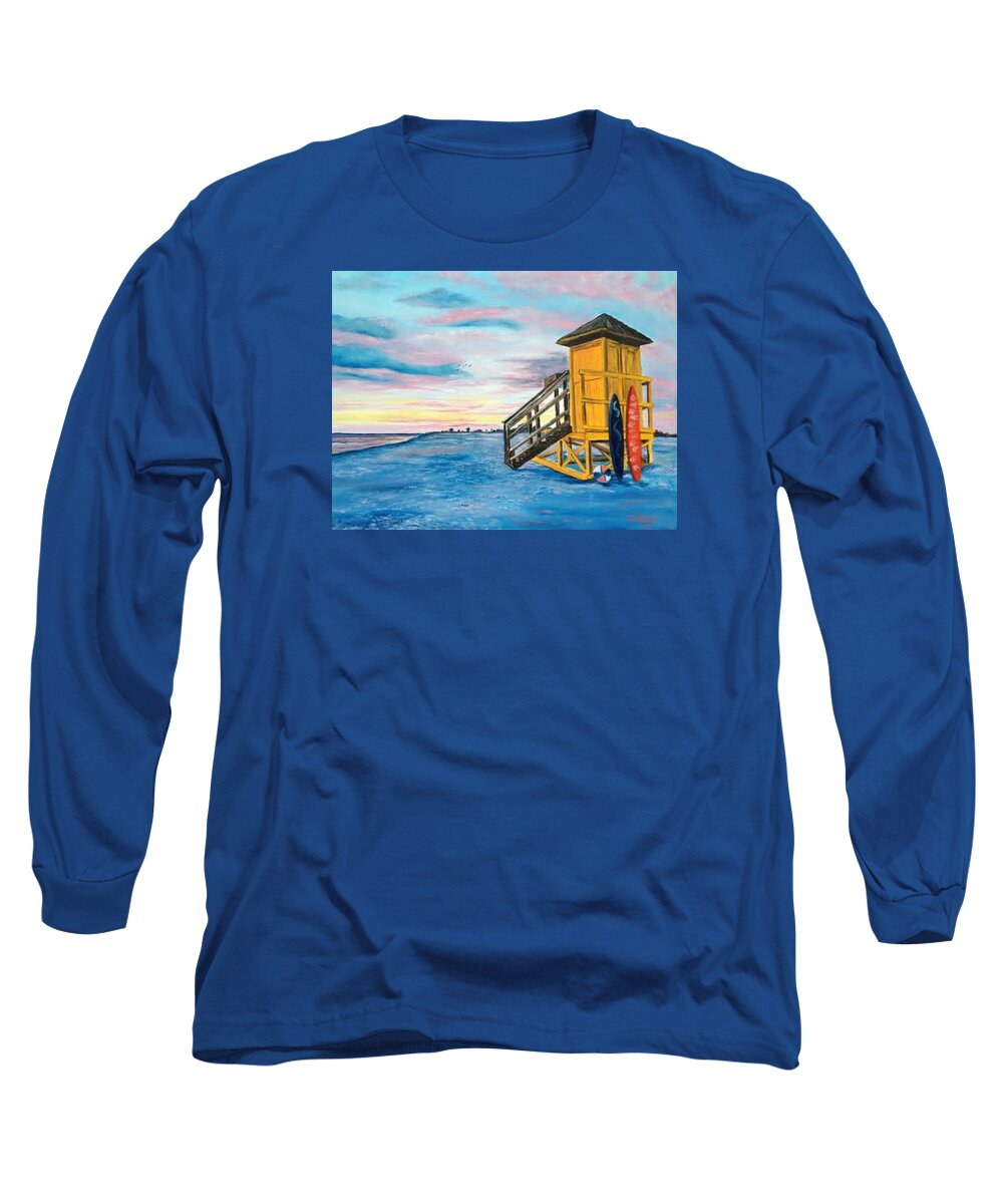 Siesta Key Long Sleeve T-Shirt featuring the painting Siesta Key Life Guard Shack At Sunset by Lloyd Dobson