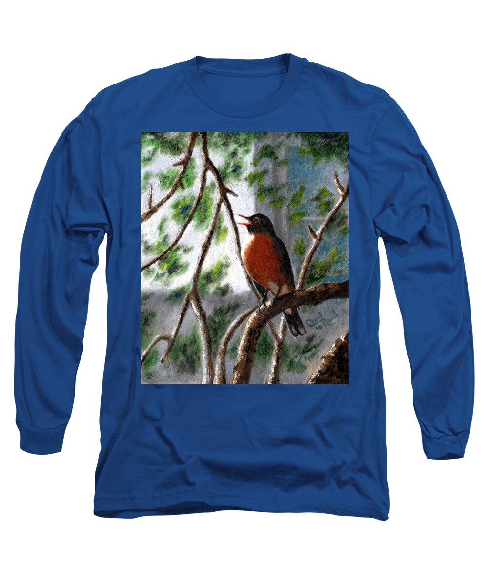 Bird Long Sleeve T-Shirt featuring the painting Singing Robin by Carol Neal-Chicago