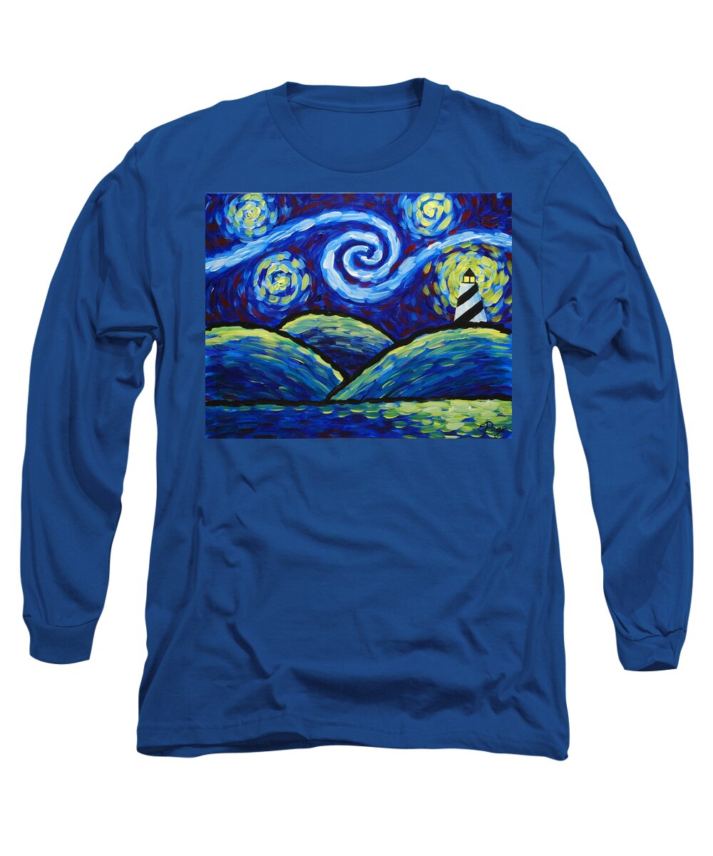 Lighthouse Long Sleeve T-Shirt featuring the painting Starry Night at Cape Hatteras by Emily Page
