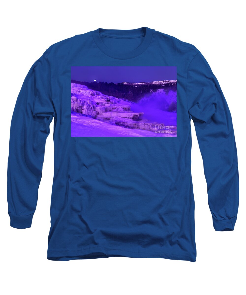 North America Long Sleeve T-Shirt featuring the photograph Sunrise and Moonset Over Minerva Springs Yellowstone National Park by Dave Welling