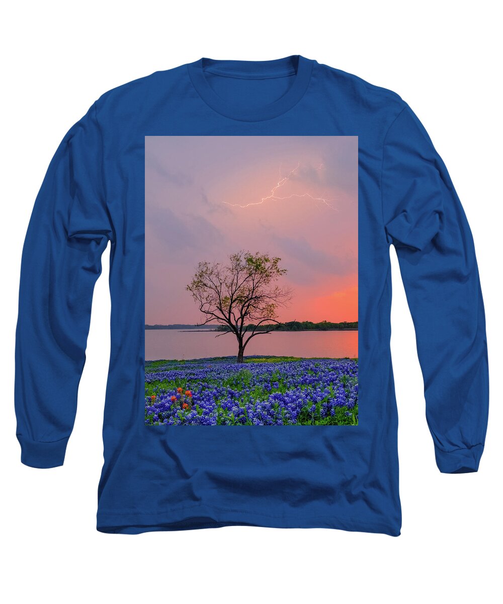Ennis Long Sleeve T-Shirt featuring the photograph Texas Bluebonnets and Lightning by Robert Bellomy