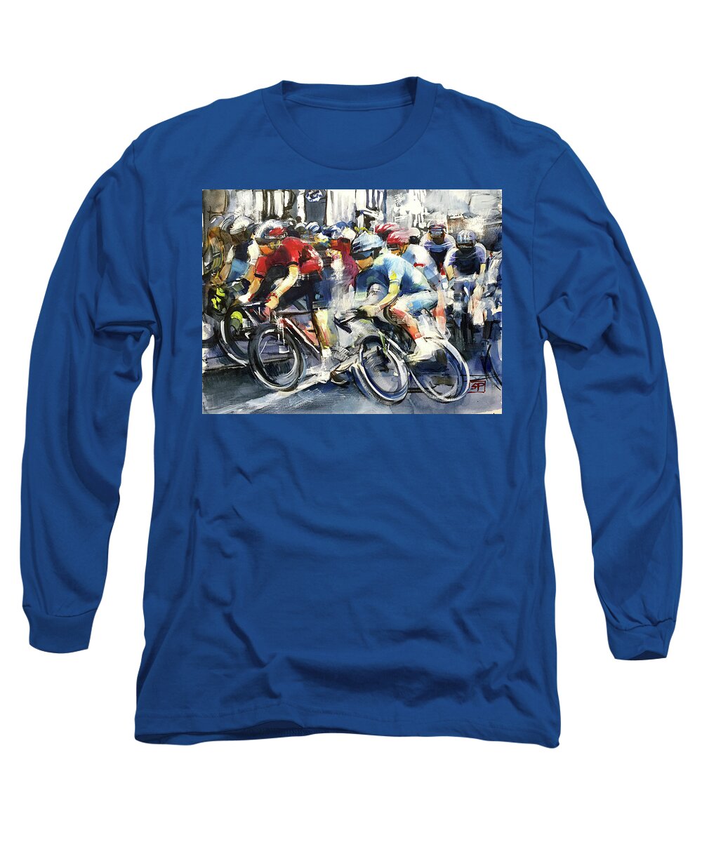 Tdf Keywords Long Sleeve T-Shirt featuring the painting Turn as One Stage 7 by Shirley Peters