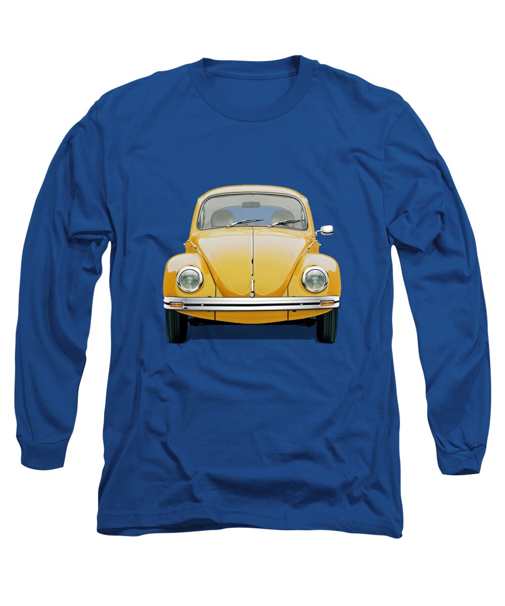 'volkswagen - Bugs And Buses' Collection By Serge Averbukh Long Sleeve T-Shirt featuring the digital art Volkswagen Type 1 - Yellow Volkswagen Beetle on Blue Canvas by Serge Averbukh