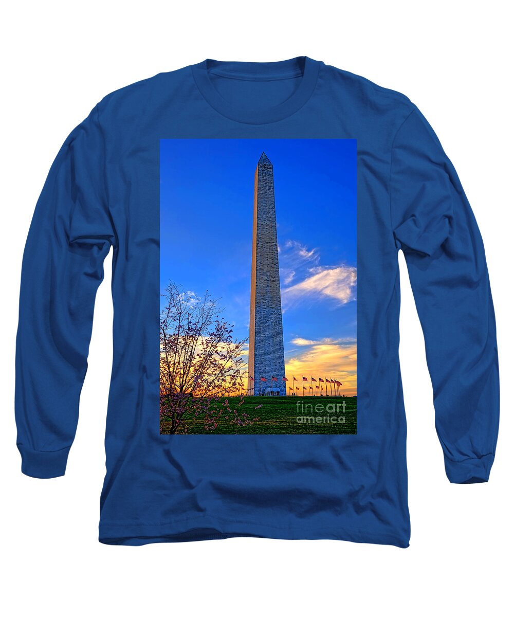 Washington Long Sleeve T-Shirt featuring the photograph Washington Monument and Cherry Tree by Olivier Le Queinec