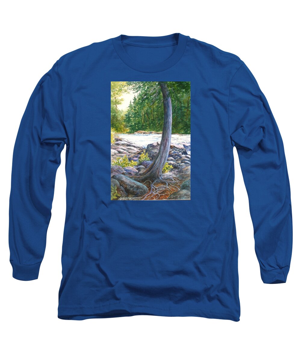 Trees;roots;water;pine Trees;rocks;adirondacks; Long Sleeve T-Shirt featuring the painting Weathered Roots of Time by Lois Mountz