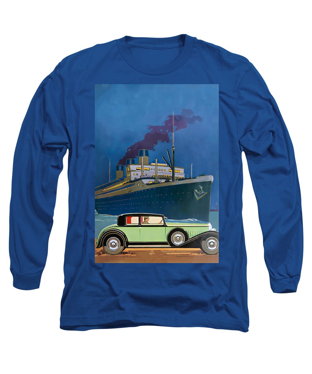 Vintage Long Sleeve T-Shirt featuring the mixed media 1930 Vehicle With Driver With Ocean Liner Original French Art Deco Illustration by Retrographs