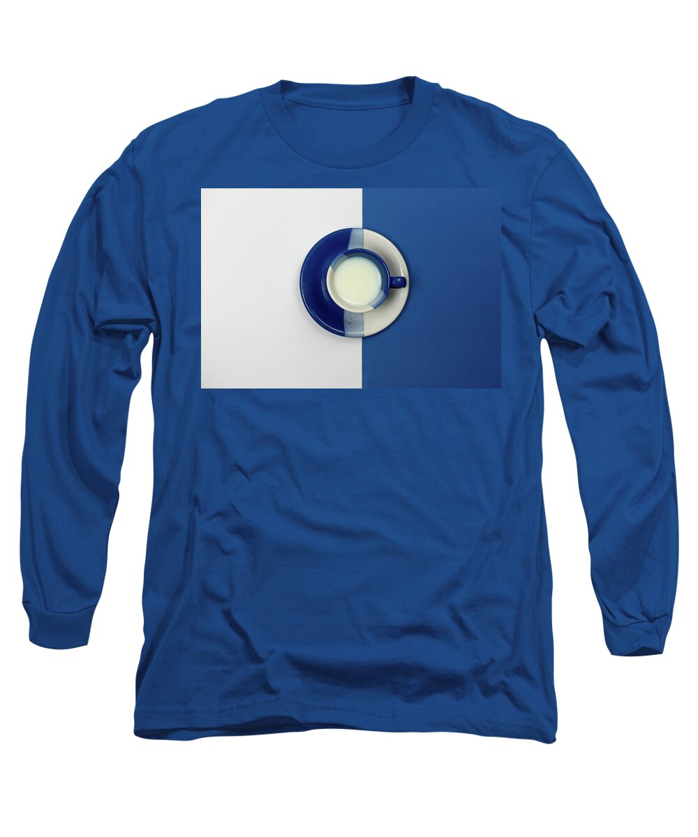 Coffee Long Sleeve T-Shirt featuring the photograph Blue and White coffee mug with fresh milk by Michalakis Ppalis