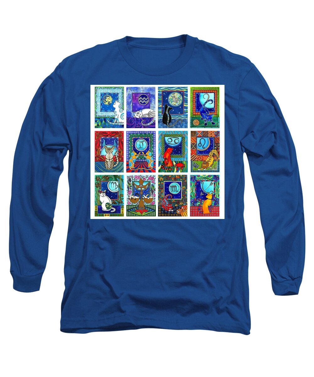 Zodiac Long Sleeve T-Shirt featuring the painting Cat Zodiac Paintings by Dora Hathazi Mendes