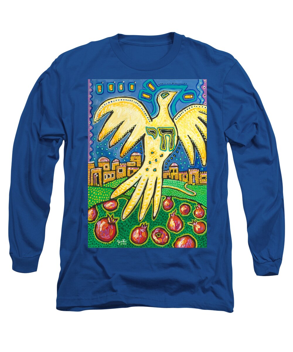 Dove Long Sleeve T-Shirt featuring the painting Dove Over Israel by Yom Tov Blumenthal