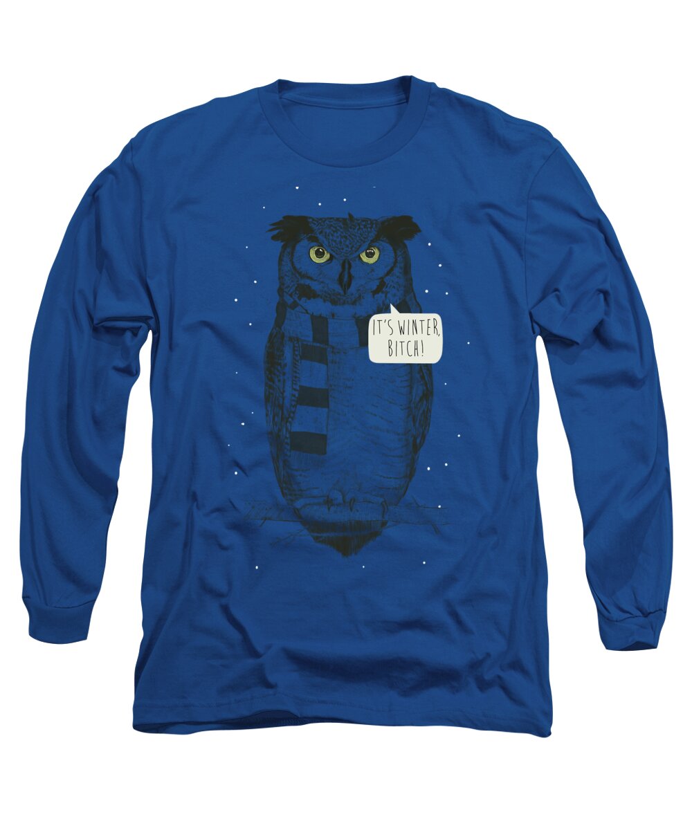 Owl Long Sleeve T-Shirt featuring the mixed media It's winter bitch by Balazs Solti